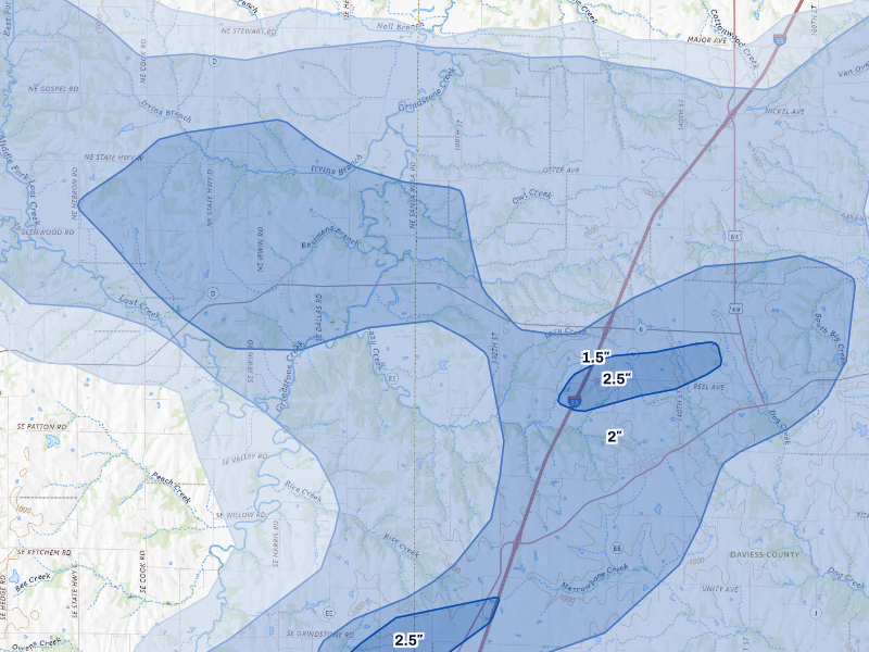 NEXRAD radar-signature map of the hail storm over Weatherby, MO on Aug 14, 2026
