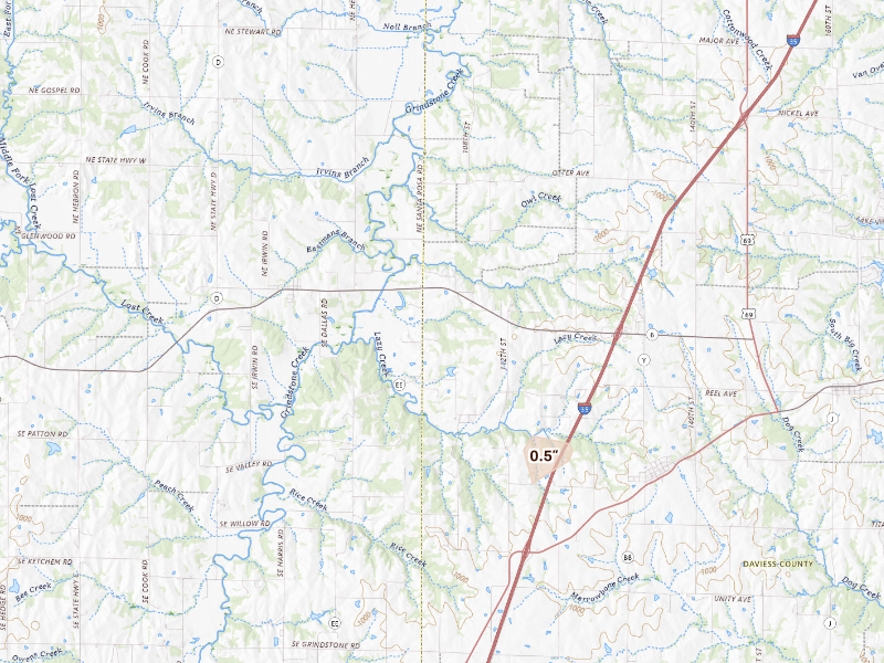 Radar-estimated hail-size map of the storm over Weatherby, MO