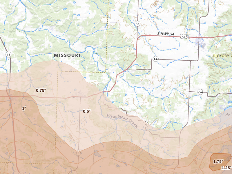 Radar-estimated hail-size map of the storm over Weaubleau, MO on Apr 26, 2026