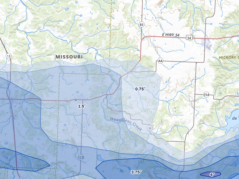 NEXRAD radar-signature map of the hail over Weaubleau, MO