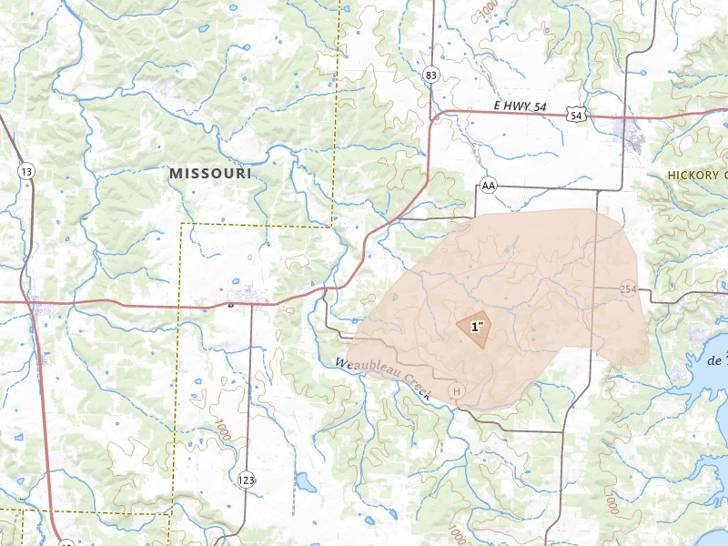 Radar-estimated hail-size map of the storm over Weaubleau, MO on May 31, 2026