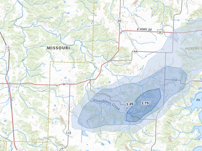 NEXRAD radar-signature map of the hail storm over Weaubleau, MO on May 31, 2026
