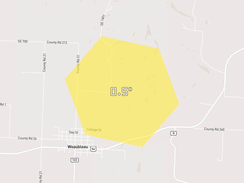 Hail map of Weaubleau, MO on Jun 9, 2026, hail up to 0.5"