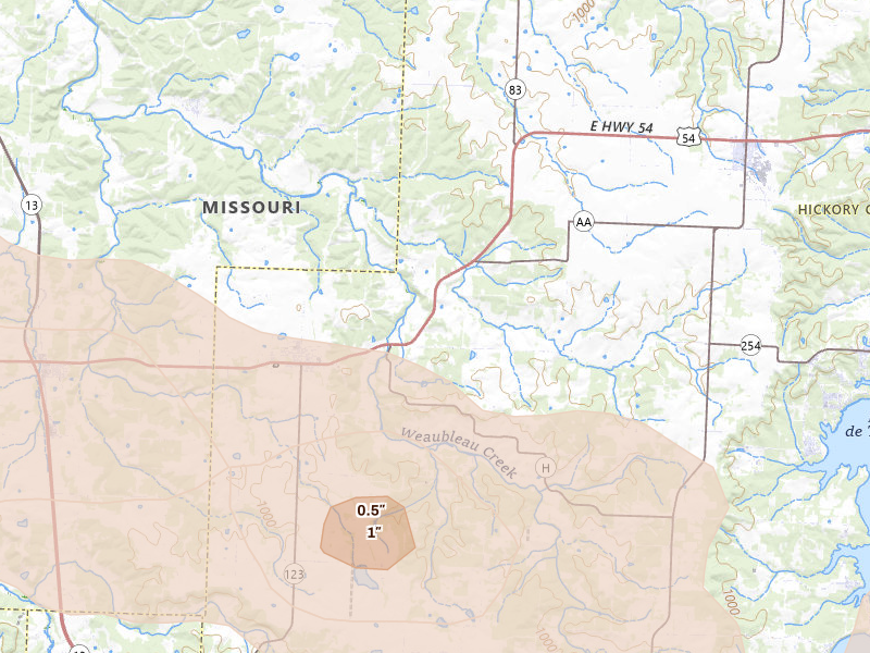 Radar-estimated hail-size map of the storm over Weaubleau, MO on Jun 17, 2026
