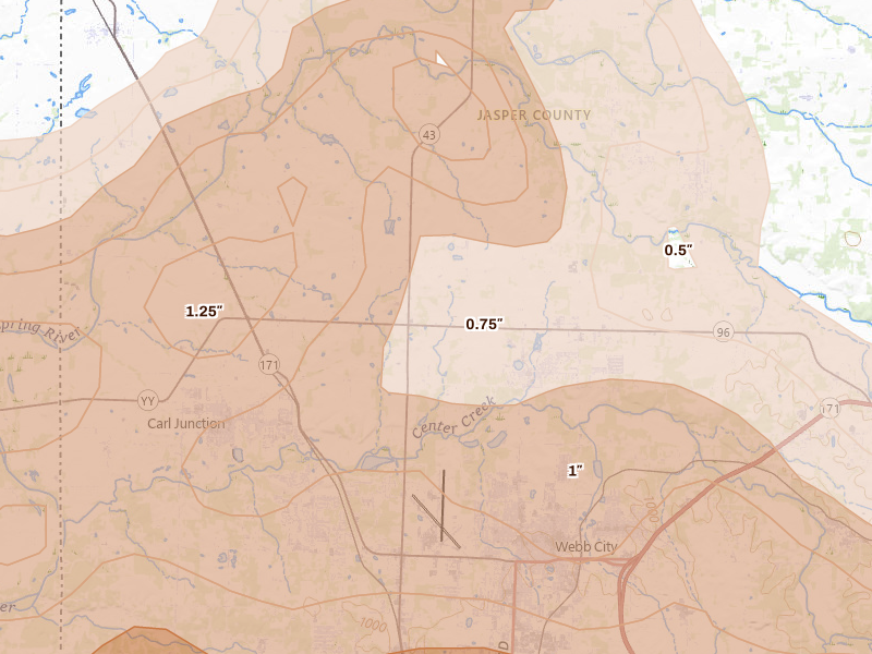Radar-estimated hail-size map of the storm over Webb City, MO on Apr 26, 2026