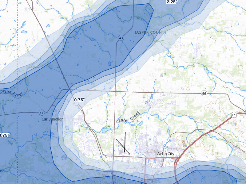 NEXRAD radar-signature map of the hail storm over Webb City, MO on Apr 26, 2026