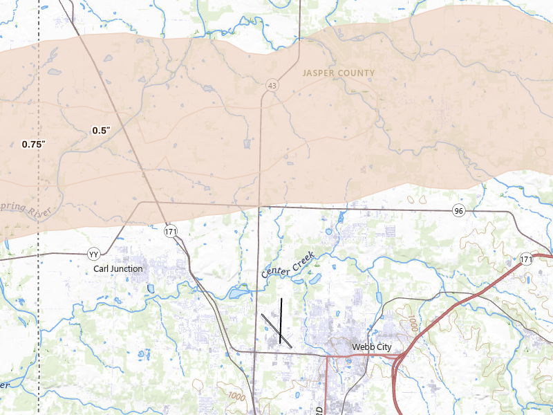 Radar-estimated hail-size map of the storm over Webb City, MO on Apr 28, 2026