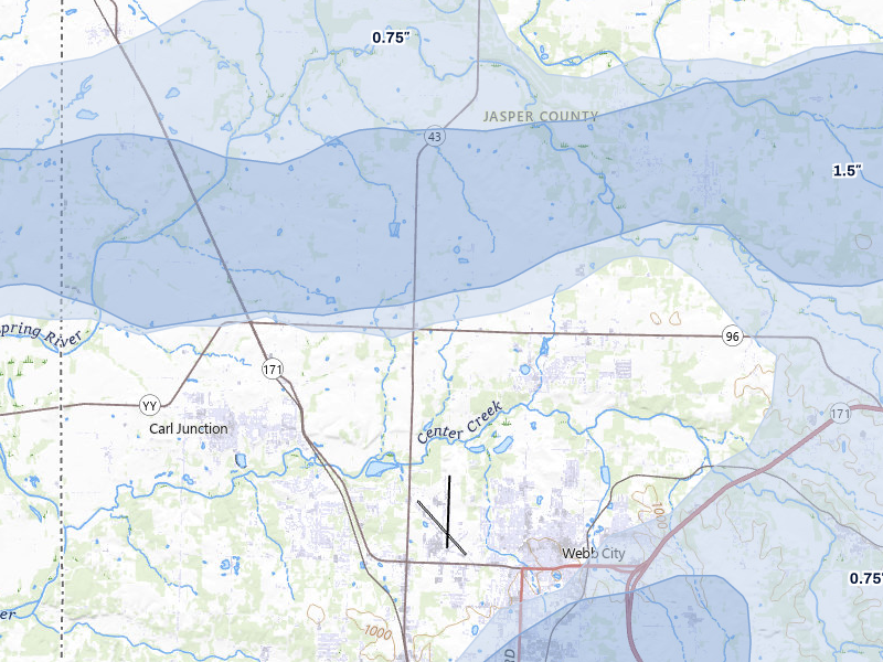 NEXRAD radar-signature map of the hail storm over Webb City, MO on Apr 28, 2026