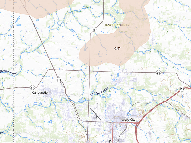 Radar-estimated hail-size map of the storm over Webb City, MO on Jun 13, 2026