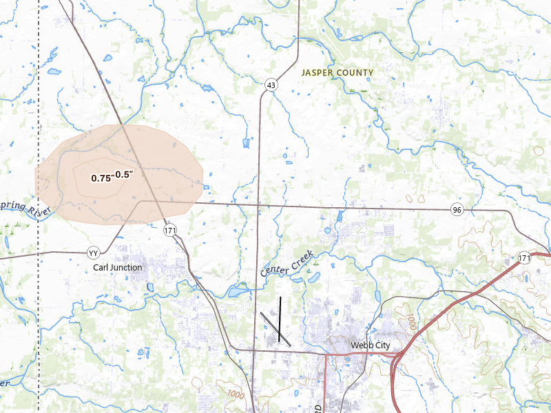 Radar-estimated hail-size map of the storm over Webb City, MO on Jun 26, 2026