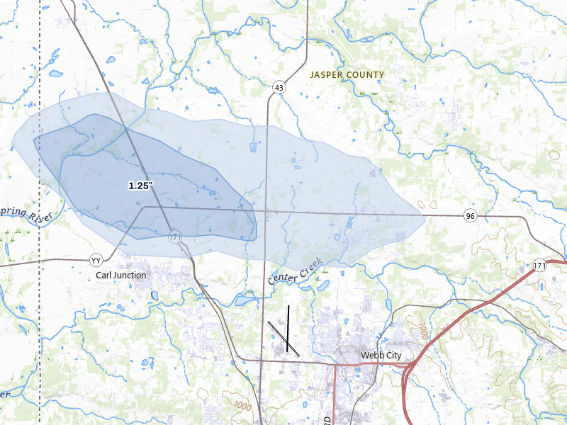 NEXRAD radar-signature map of the hail storm over Webb City, MO on Jun 26, 2026