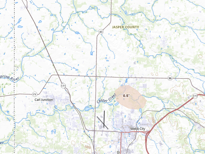 Radar-estimated hail-size map of the storm over Webb City, MO on Jul 29, 2026