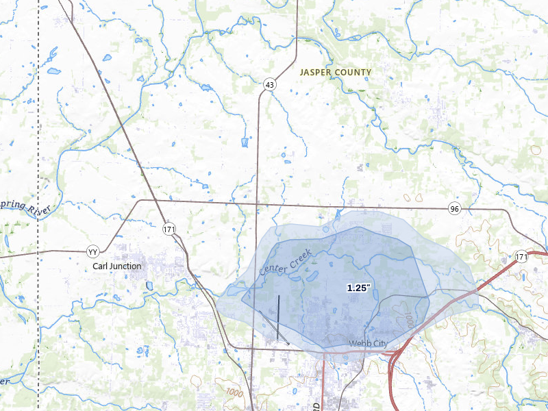 NEXRAD radar-signature map of the hail storm over Webb City, MO on Jul 29, 2026