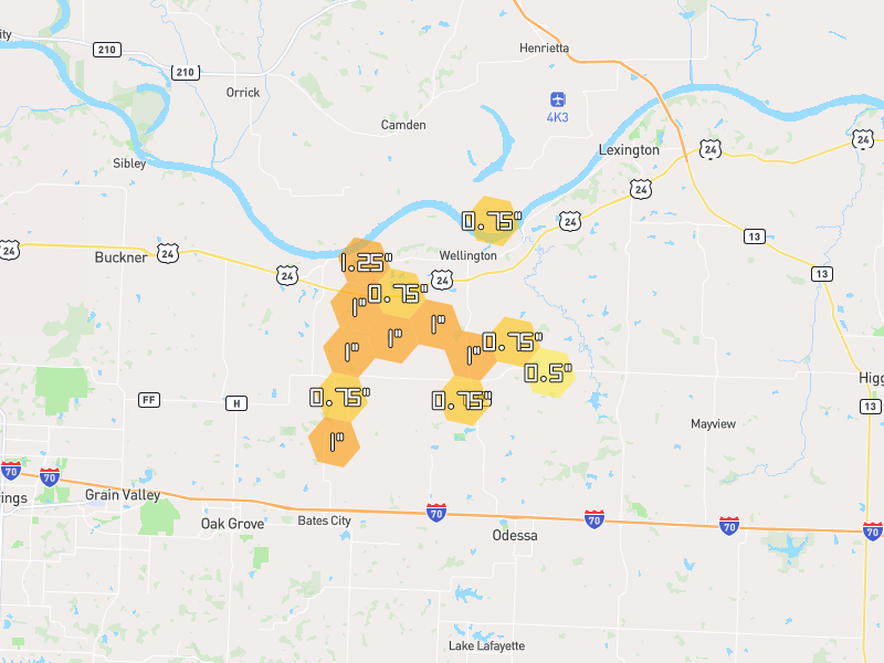 Hail map of Wellington, MO on Jun 1, 2026, hail up to 1.25"