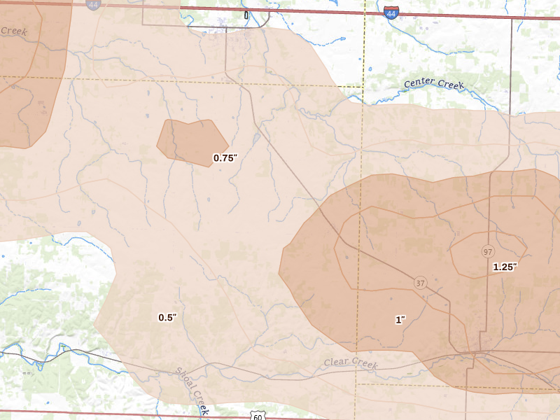 Radar-estimated hail-size map of the storm over Wentworth, MO on Apr 26, 2026