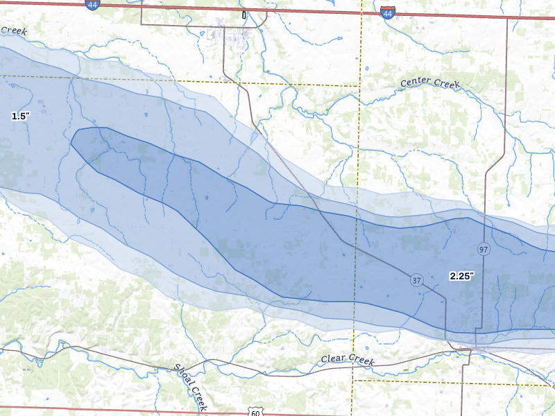 NEXRAD radar-signature map of the hail over Wentworth, MO