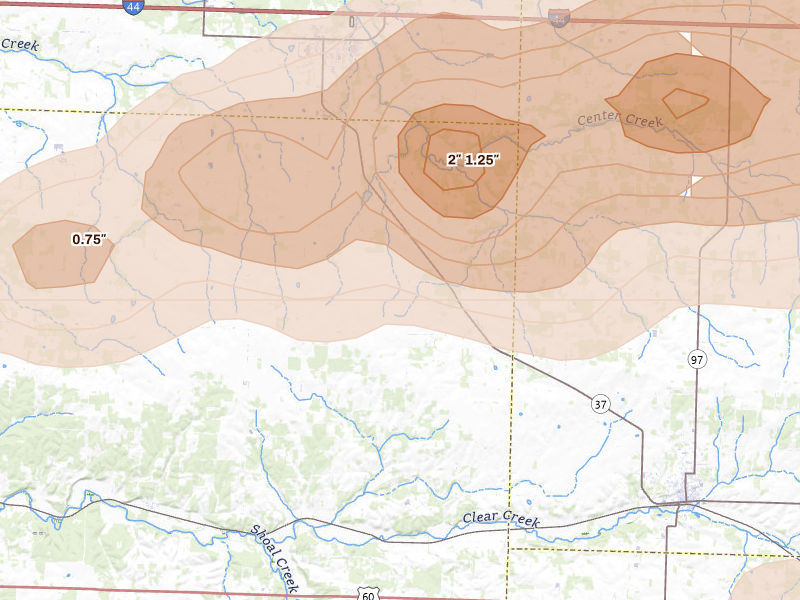 Radar-estimated hail-size map of the storm over Wentworth, MO on Apr 27, 2026