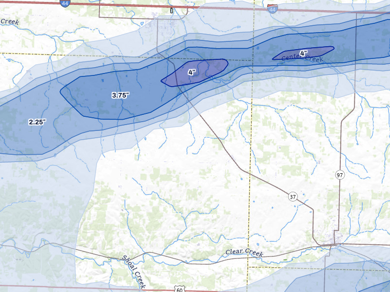 NEXRAD radar-signature map of the hail over Wentworth, MO
