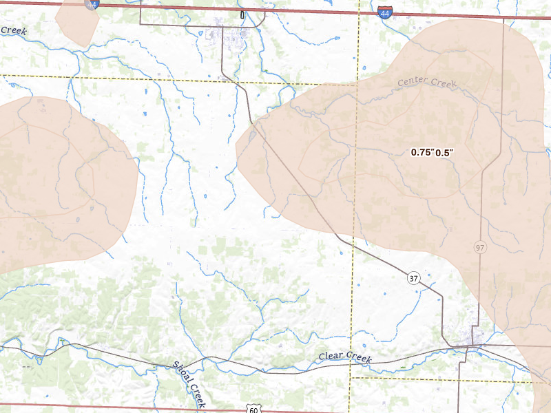 Radar-estimated hail-size map of the storm over Wentworth, MO on Jul 4, 2026