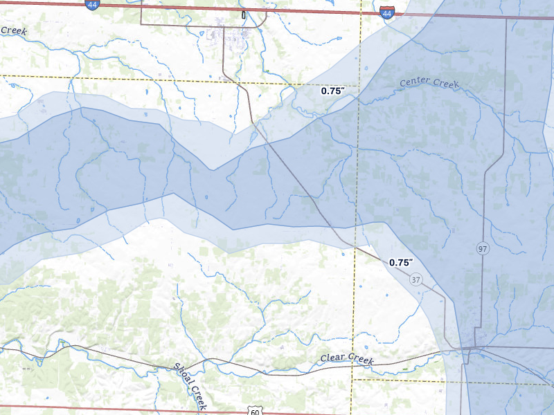 NEXRAD radar-signature map of the hail over Wentworth, MO