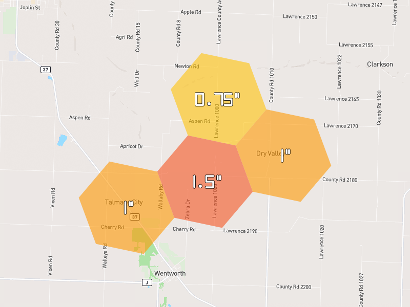 Hail map of Wentworth, MO on Jul 5, 2026, hail up to 1.5"