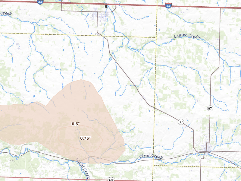 Radar-estimated hail-size map of the storm over Wentworth, MO on Aug 6, 2026
