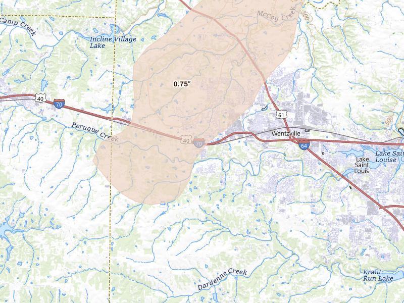 Radar-estimated hail-size map of the storm over Wentzville, MO on Apr 17, 2026
