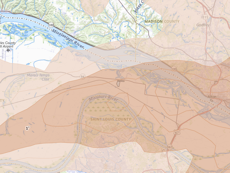 Radar-estimated hail-size map of the storm over West Alton, MO on Apr 27, 2026
