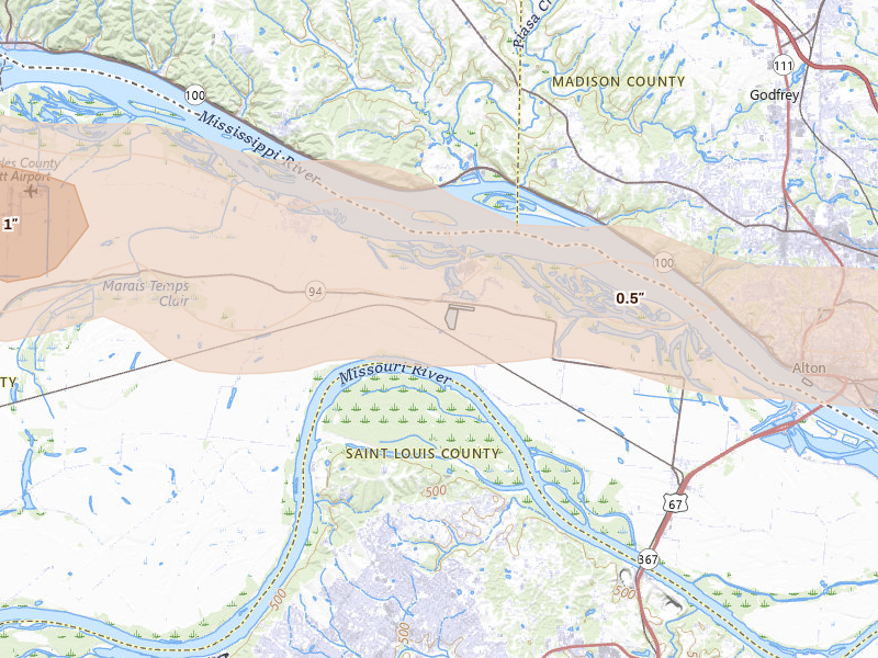 Radar-estimated hail-size map of the storm over West Alton, MO on May 3, 2026