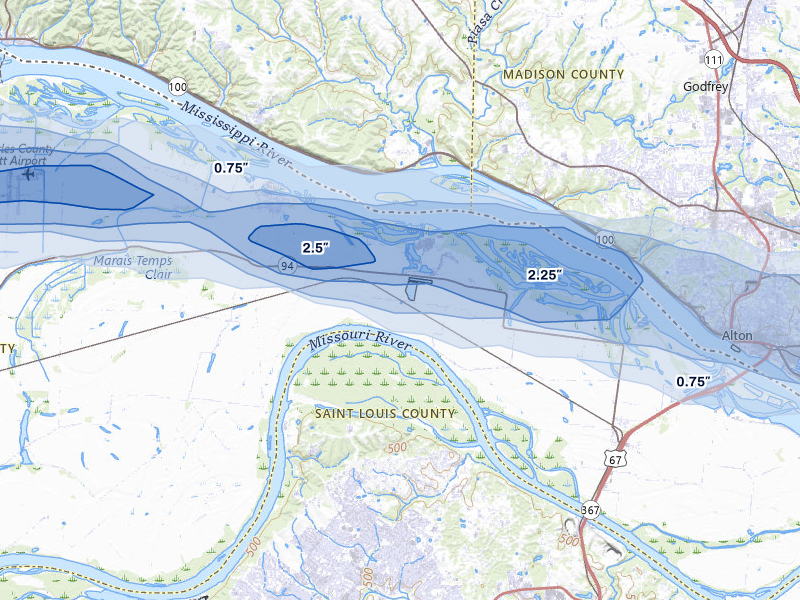 NEXRAD radar-signature map of the hail storm over West Alton, MO on May 3, 2026