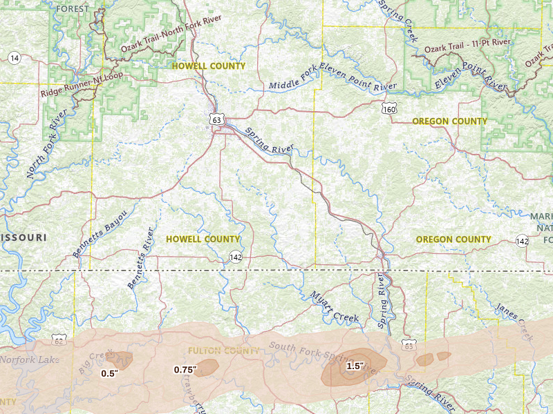 Radar-estimated hail-size map of the storm over West Plains, MO on Mar 4, 2026