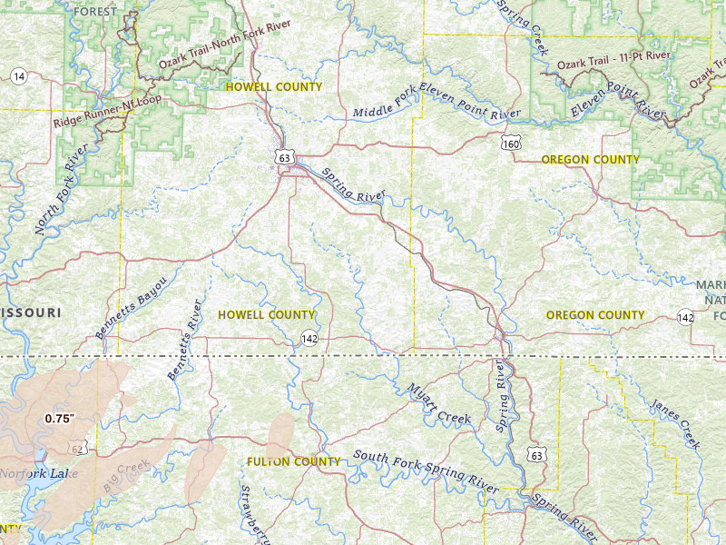 Radar-estimated hail-size map of the storm over West Plains, MO on Mar 15, 2026