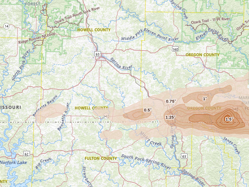 Radar-estimated hail-size map of the storm over West Plains, MO on Apr 16, 2026