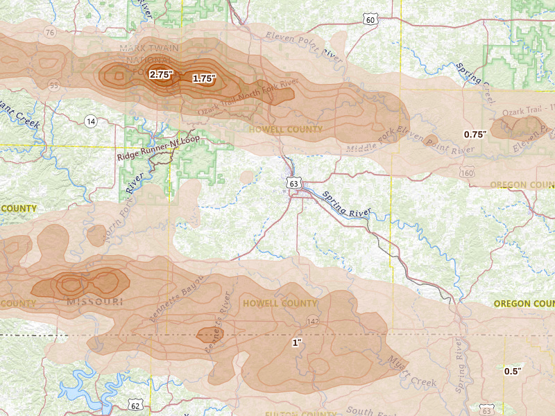 Radar-estimated hail-size map of the storm over West Plains, MO on Apr 27, 2026
