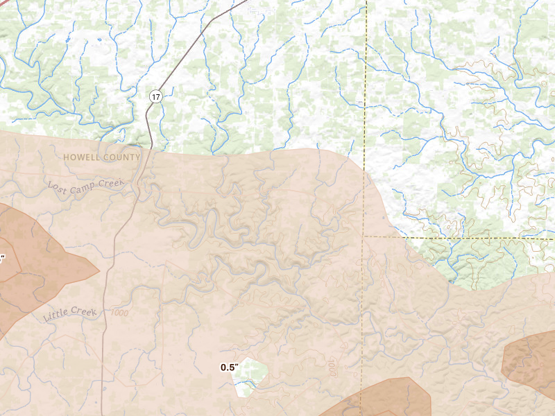 Radar-estimated hail-size map of the storm over West Plains, MO on Apr 28, 2026