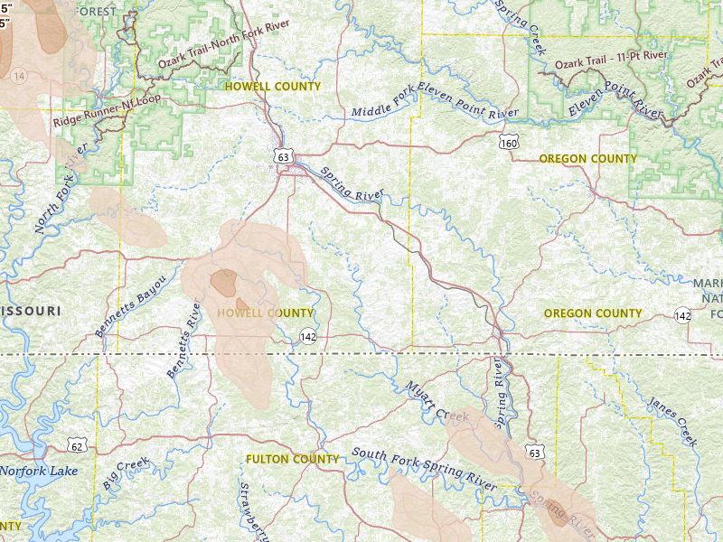 Radar-estimated hail-size map of the storm over West Plains, MO on Jun 1, 2026