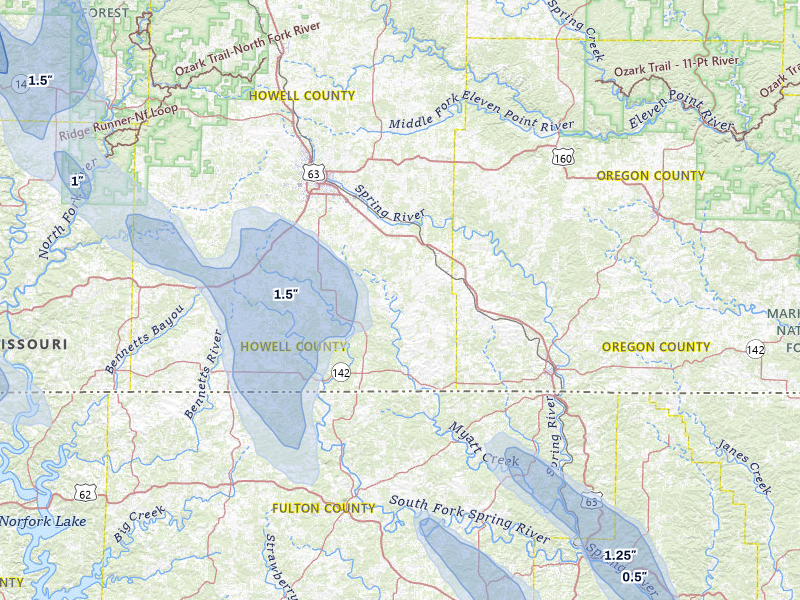 NEXRAD radar-signature map of the hail over West Plains, MO