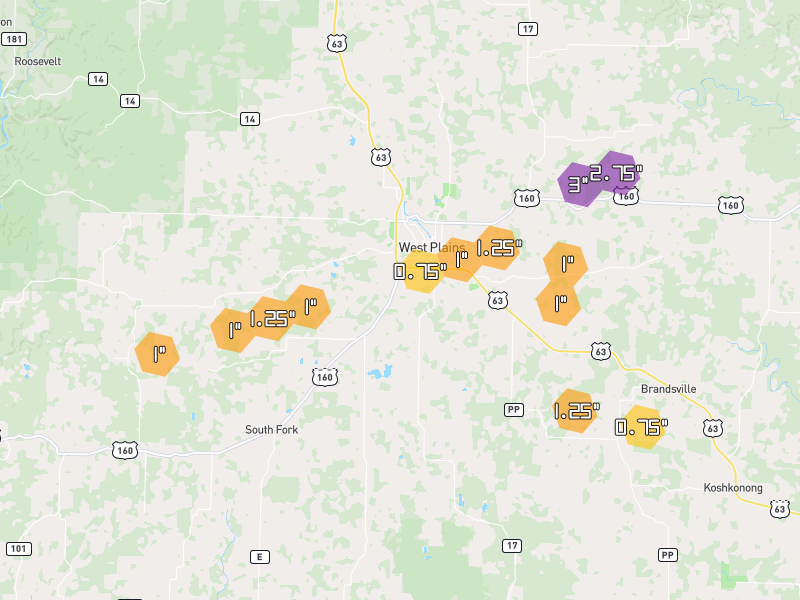 Hail map of West Plains, MO on Jun 7, 2026, hail up to 3"