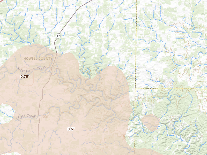 Radar-estimated hail-size map of the storm over West Plains, MO