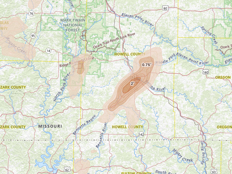 Radar-estimated hail-size map of the storm over West Plains, MO on Aug 6, 2026