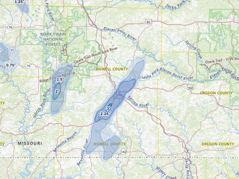 NEXRAD radar-signature map of the hail storm over West Plains, MO on Aug 6, 2026