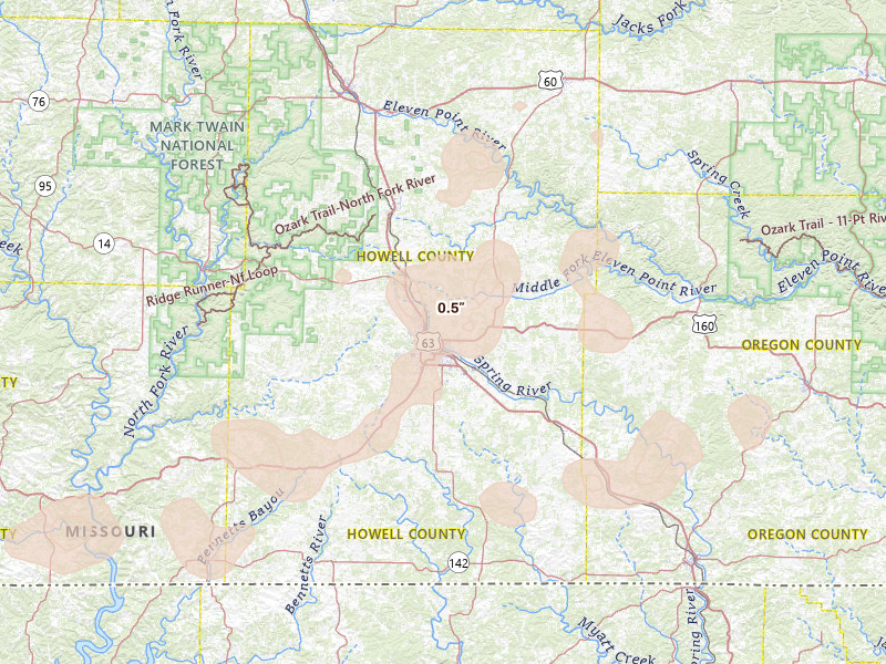 Radar-estimated hail-size map of the storm over West Plains, MO on Aug 26, 2026