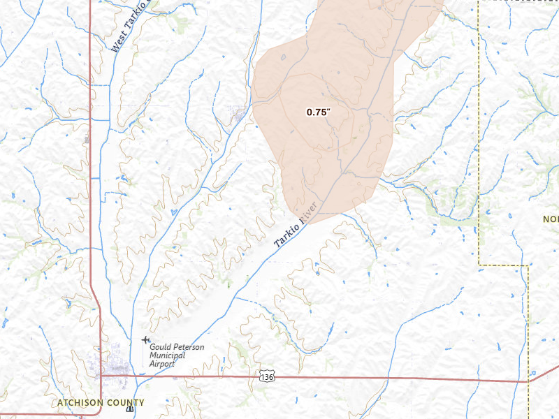 Radar-estimated hail-size map of the storm over Westboro, MO on Mar 5, 2026