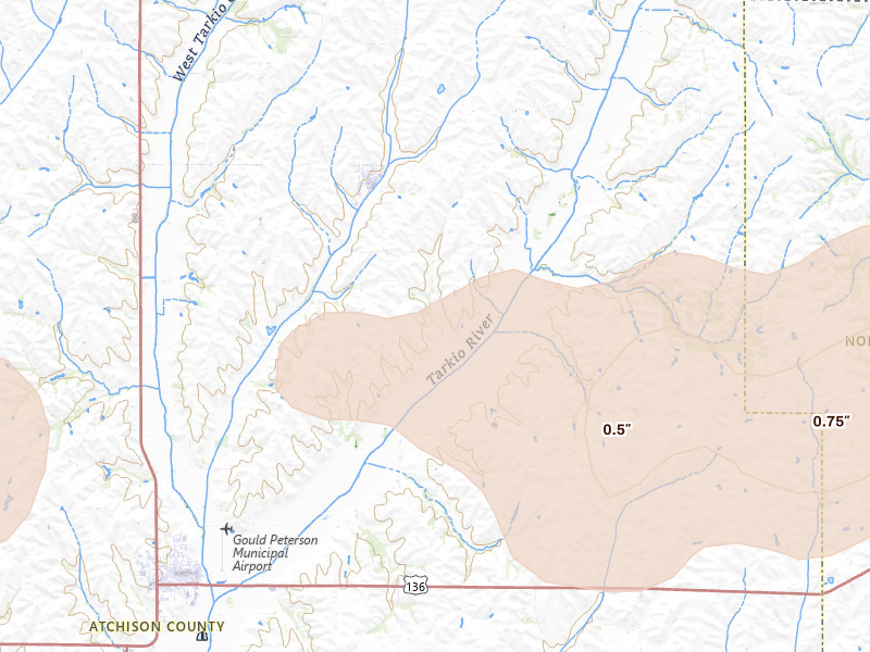 Radar-estimated hail-size map of the storm over Westboro, MO on May 16, 2026