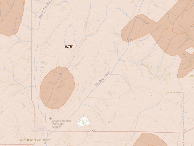 Radar-estimated hail-size map of the storm over Westboro, MO on May 18, 2026