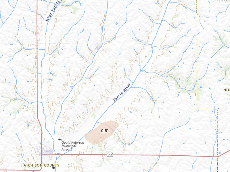 Radar-estimated hail-size map of the storm over Westboro, MO on Jun 30, 2026