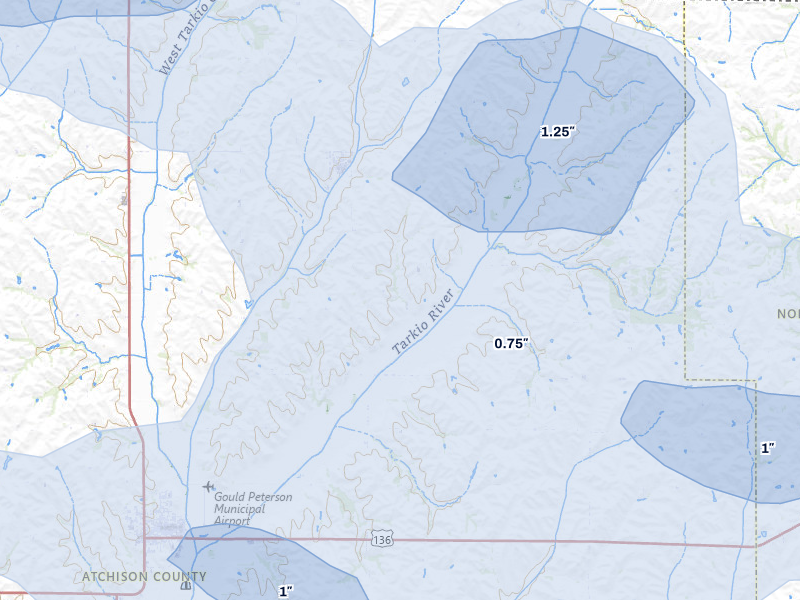 NEXRAD radar-signature map of the hail storm over Westboro, MO on Jul 3, 2026
