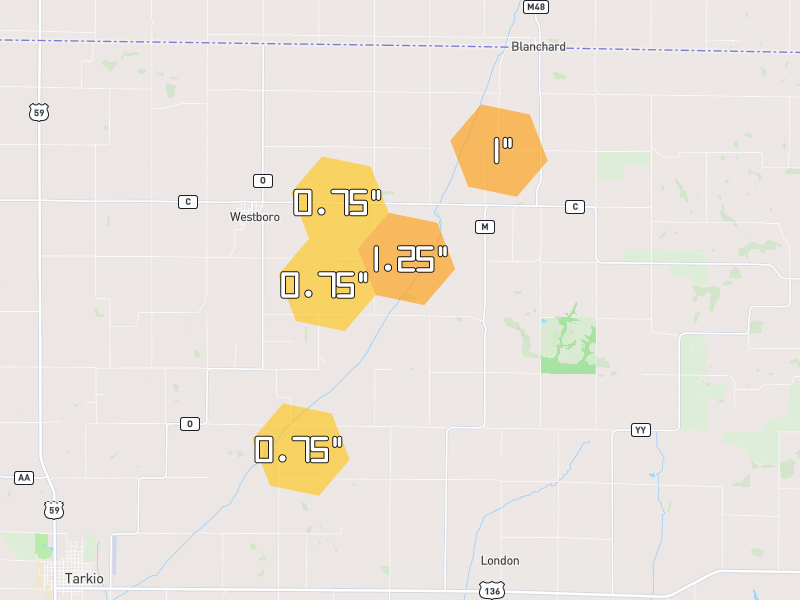 Hail map of Westboro, MO on Jul 4, 2026, hail up to 1.25"