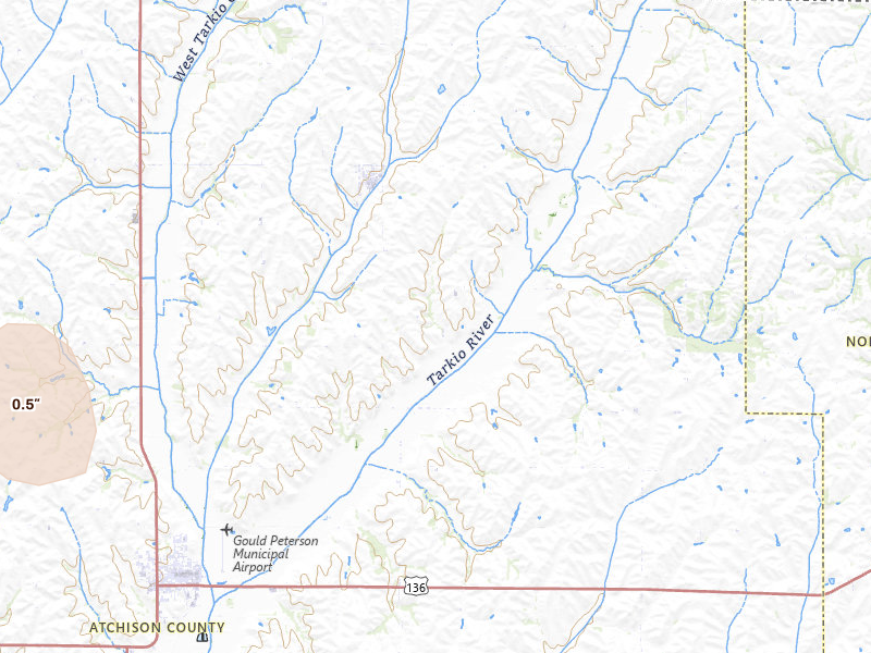Radar-estimated hail-size map of the storm over Westboro, MO on Jul 8, 2026