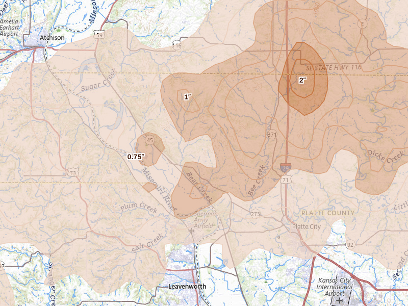 Radar-estimated hail-size map of the storm over Weston, MO on Apr 26, 2026